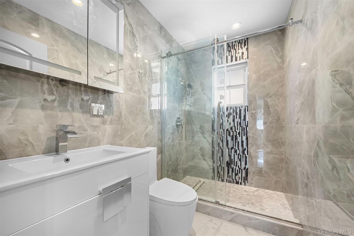 Bathroom, Glass Shower, Interior, Marble, Marble Walls, Recessed Lighting