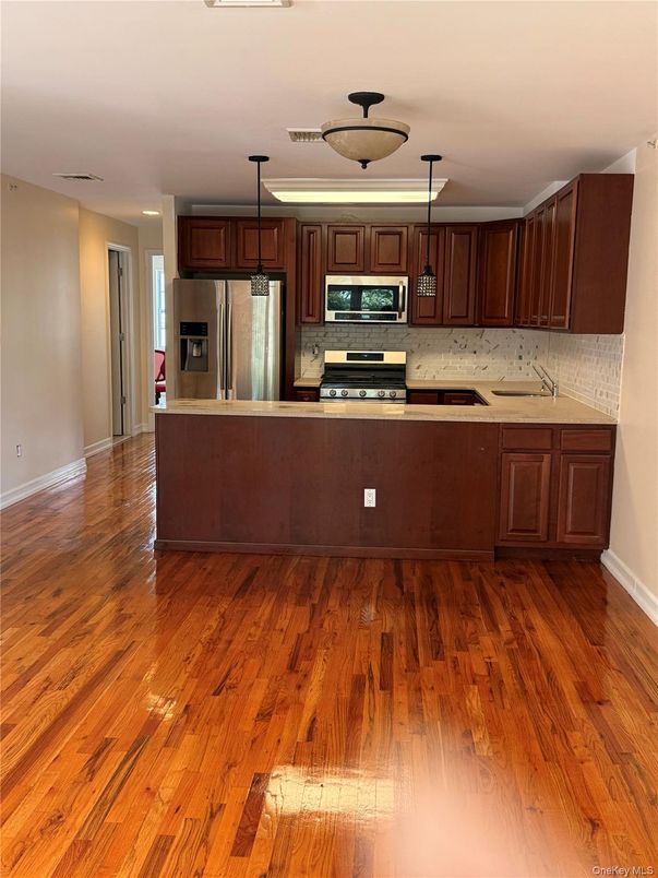 Interior, Kitchen, Pendant Lights, Stainless Steel Appliances, Wood Texture Flooring