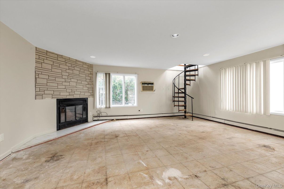 Empty room, Fireplace, Interior, Recessed Lighting, Stone Walls