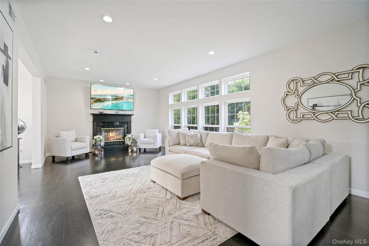 Fireplace, Interior, Living room, Recessed Lighting, Wood Texture Flooring