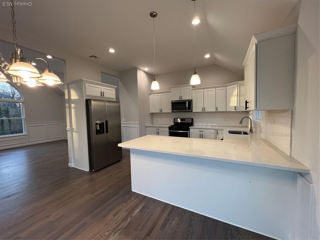 Interior, Kitchen, Pendant Lights, Recessed Lighting, Stainless Steel Appliances, Wood Texture Flooring