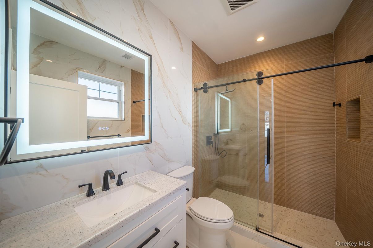 Bathroom, Glass Shower, Interior, Marble Walls, Recessed Lighting