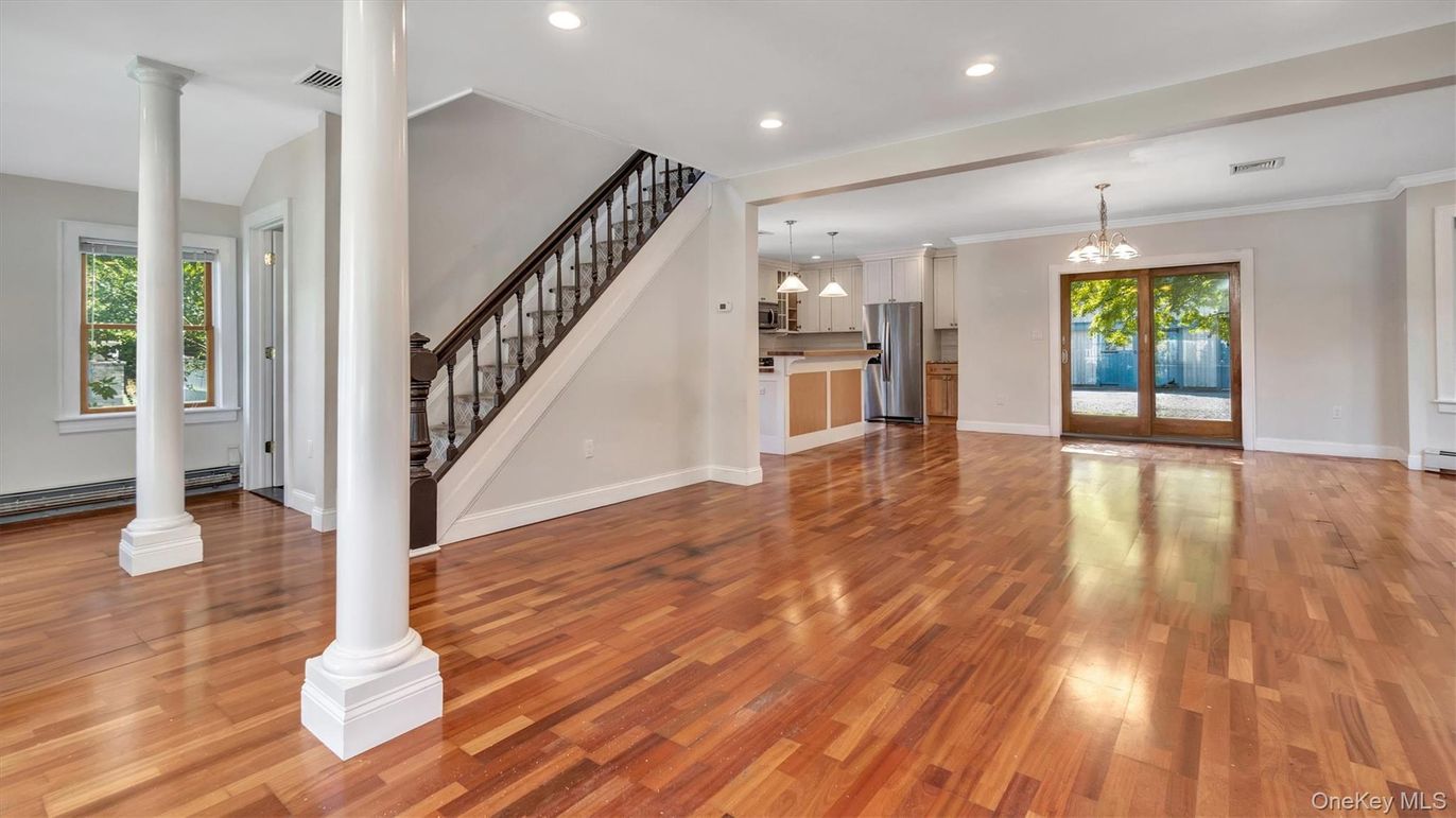 Chandelier, Empty room, Interior, Kitchen, Pendant Lights, Recessed Lighting, Wood Texture Flooring