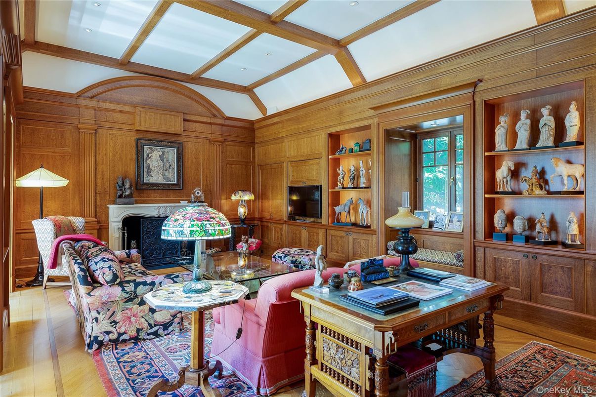 Fireplace, Home Office, Interior, Living room, Recessed Lighting, Wooden Beams, Wood Texture Flooring, Wooden Walls
