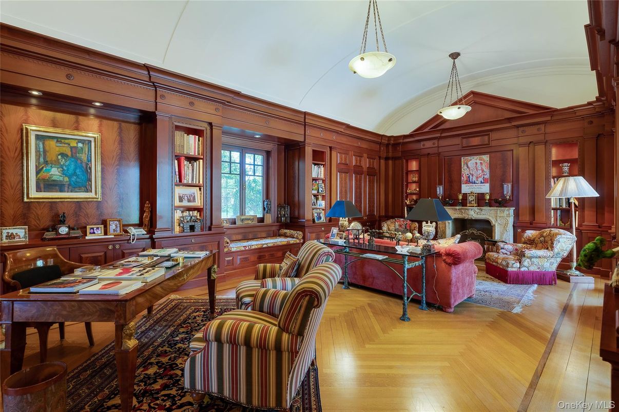 Fireplace, Home Office, Interior, Living room, Pendant Lights, Wood Texture Flooring, Wooden Walls