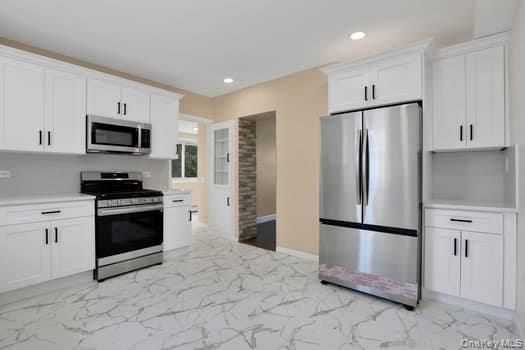 Interior, Kitchen, Marble, Recessed Lighting, Stainless Steel Appliances