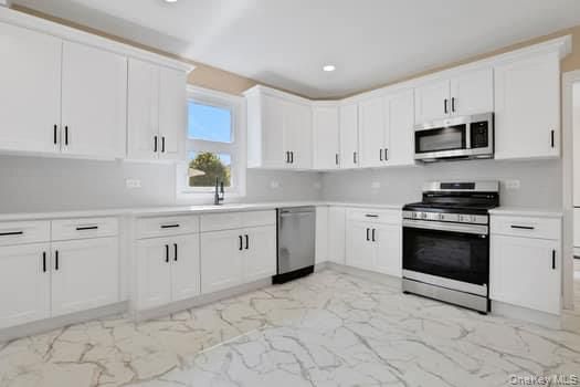 Interior, Kitchen, Marble, Recessed Lighting, Stainless Steel Appliances