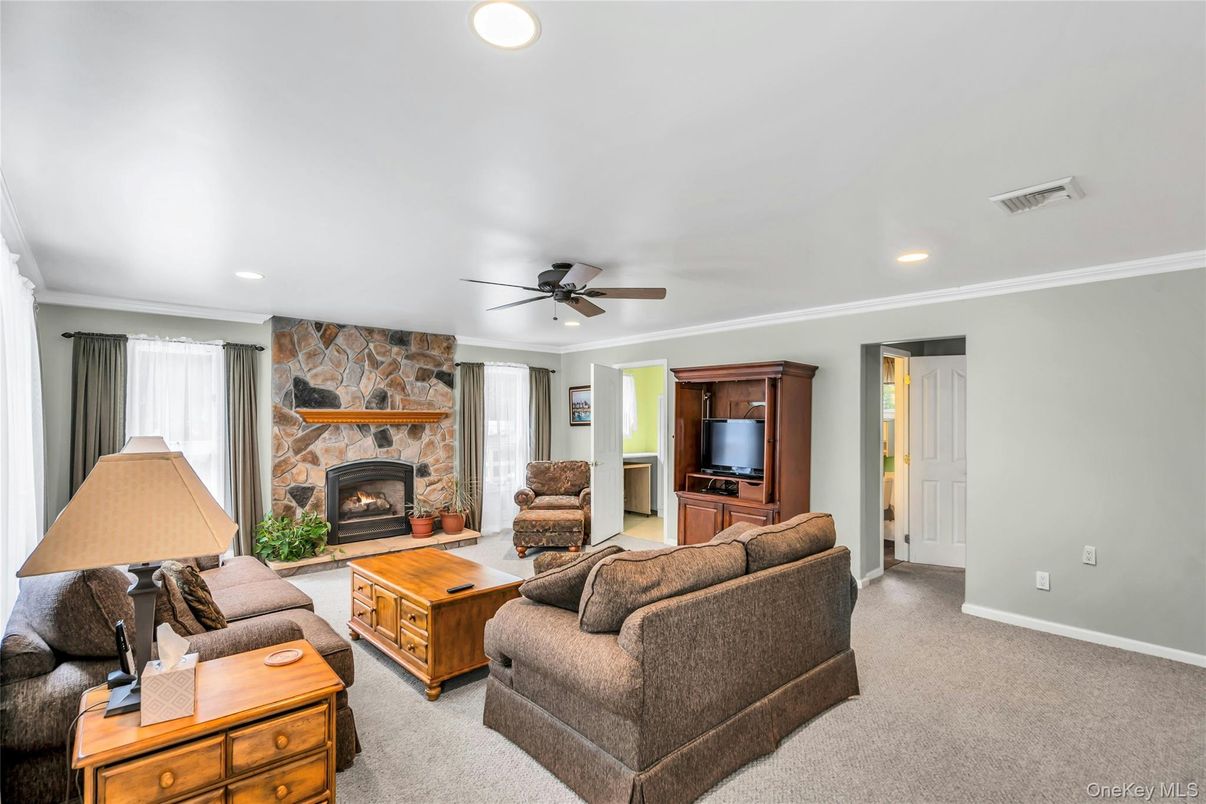 Fireplace, Interior, Living room, Recessed Lighting, Stone Walls