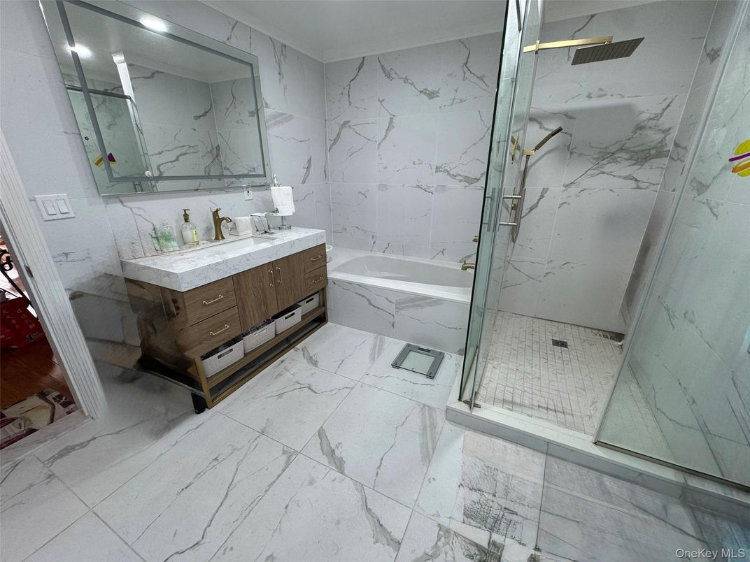 Bathroom, Dual Sink Vanities, Glass Shower, Interior, Marble, Marble Walls