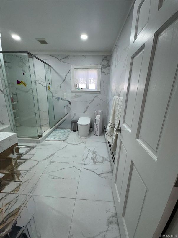 Bathroom, Glass Shower, Interior, Marble, Marble Walls, Recessed Lighting