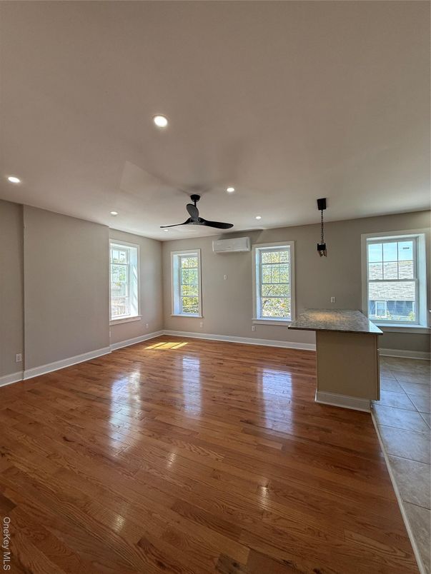 Empty room, Interior, Kitchen, Pendant Lights, Recessed Lighting, Wood Texture Flooring