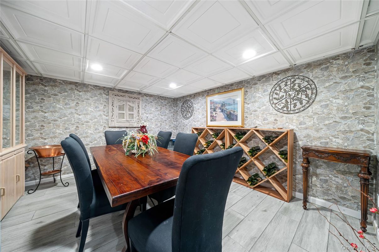 Dining room, Interior, Recessed Lighting, Stone Walls, Wood Texture Flooring