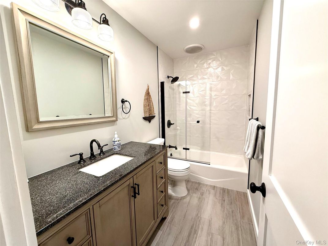 Bathroom, Glass Shower, Interior, Recessed Lighting, Wood Texture Flooring
