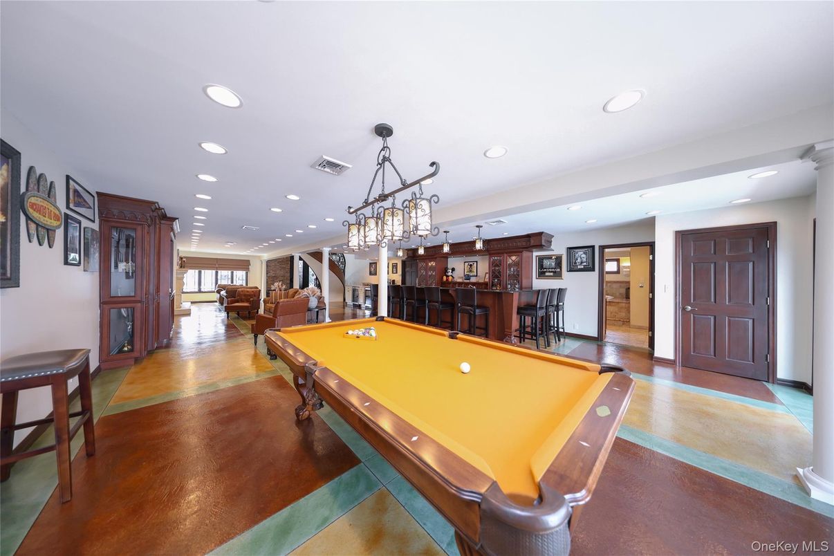 Billiard Table, Chandelier, Game Room, Interior, Pendant Lights, Recessed Lighting, Wood Texture Flooring