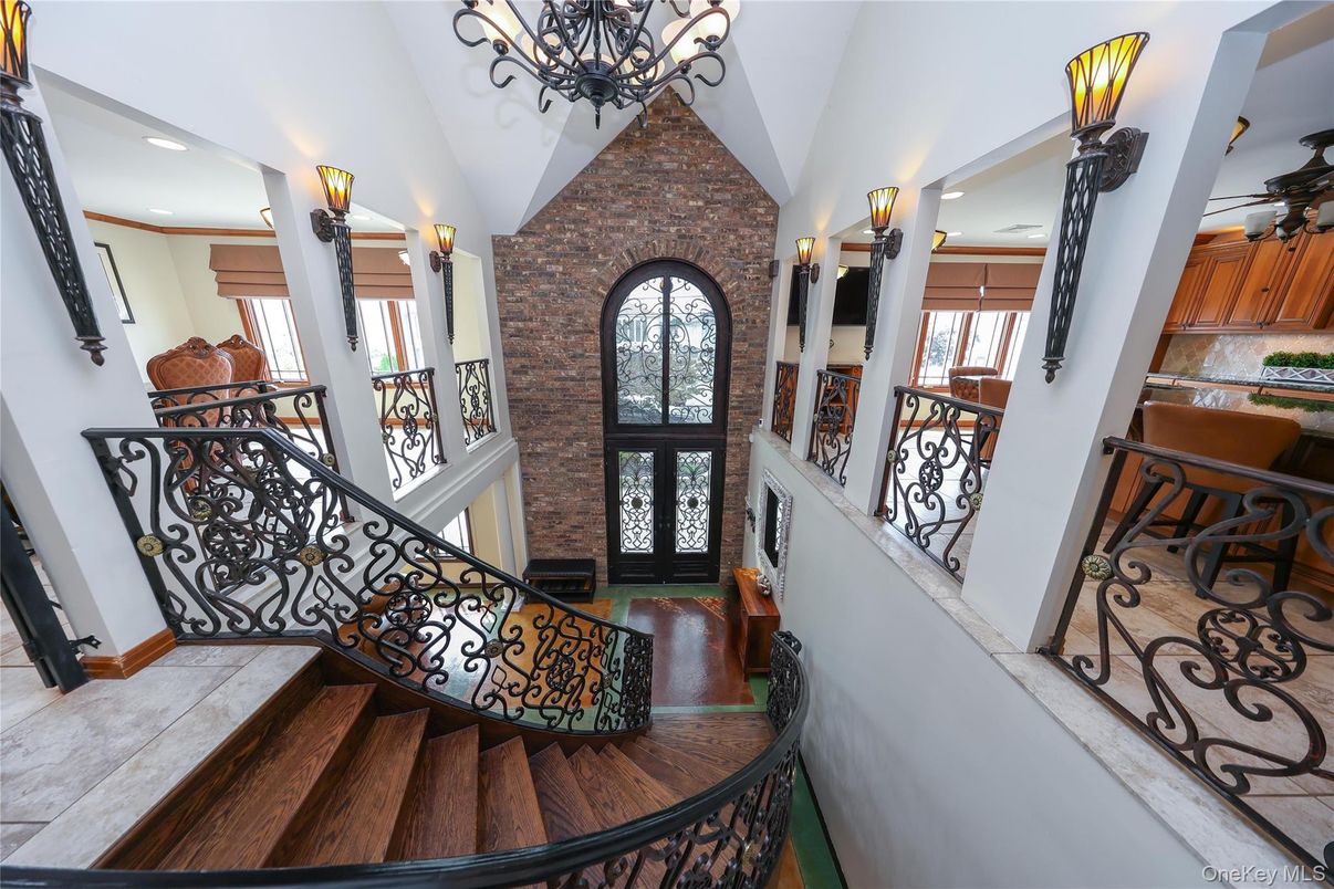 Chandelier, Interior, Recessed Lighting, Stone Walls, Wood Texture Flooring