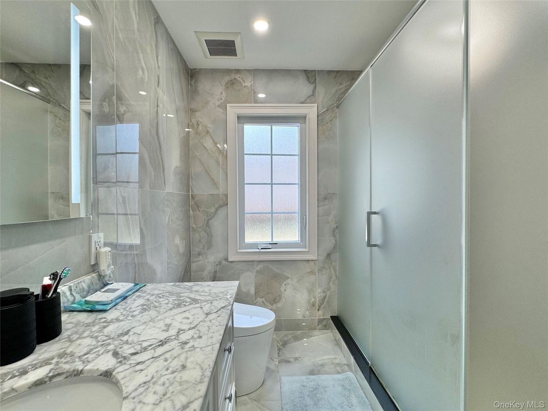 Bathroom, Glass Shower, Interior, Marble Walls, Recessed Lighting