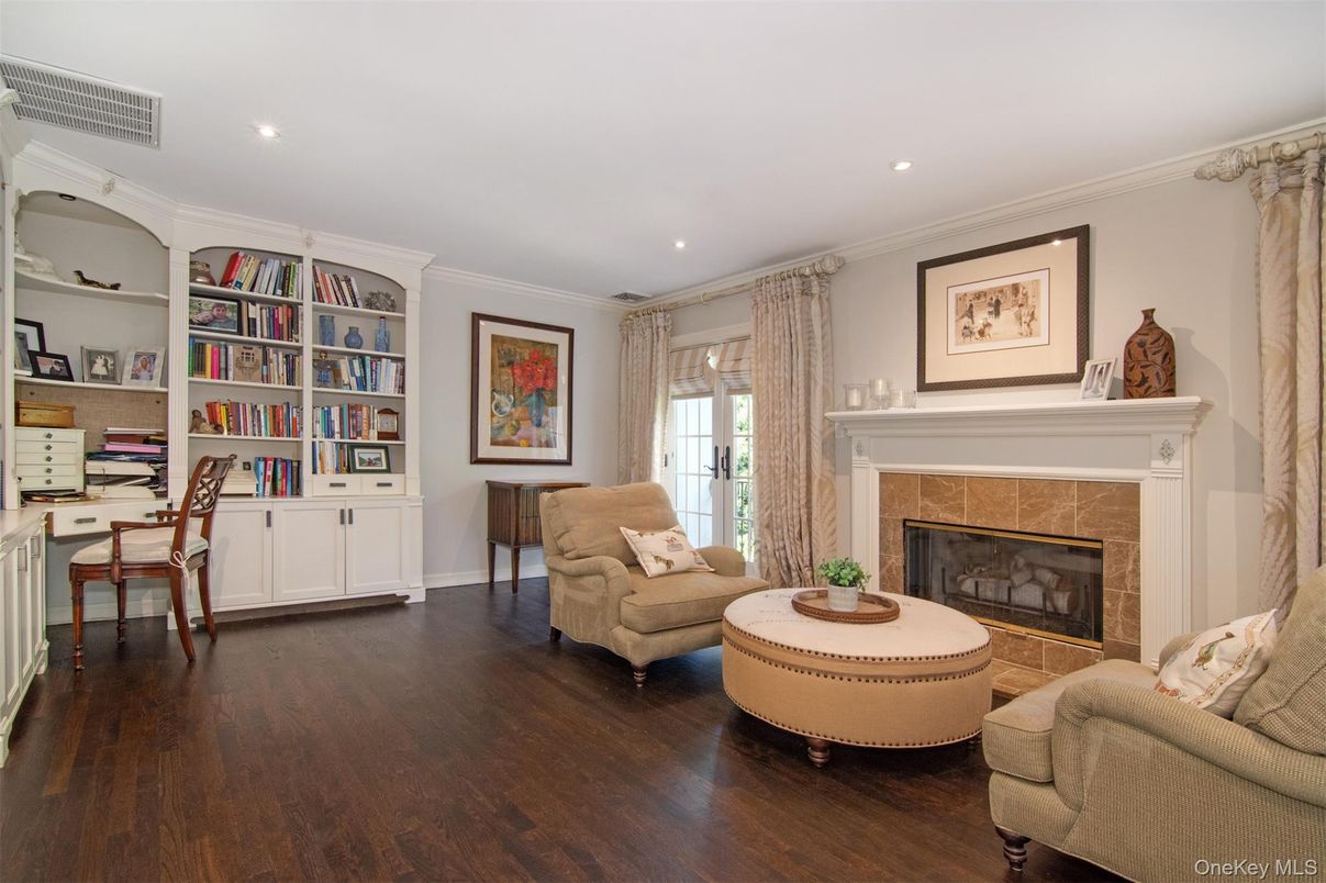 Fireplace, Home Office, Interior, Recessed Lighting, Wood Texture Flooring