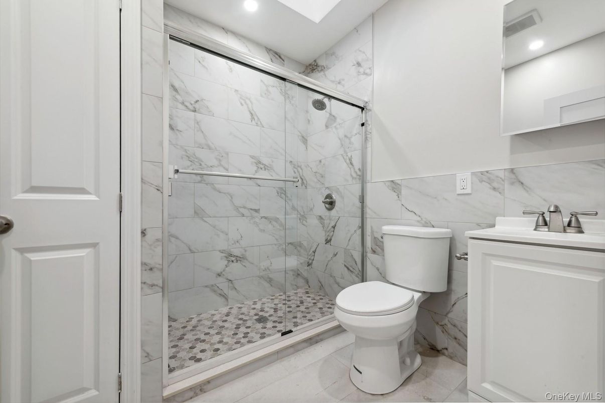 Bathroom, Glass Shower, Interior, Marble Walls, Recessed Lighting