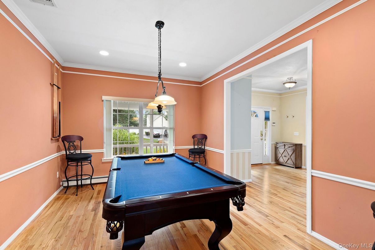 Billiard Table, Game Room, Interior, Pendant Lights, Recessed Lighting, Wood Texture Flooring