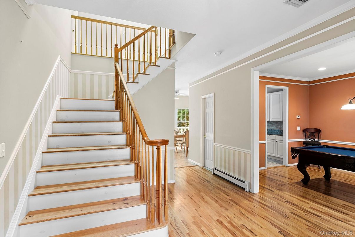 Billiard Table, Game Room, Interior, Pendant Lights, Recessed Lighting, Wood Texture Flooring