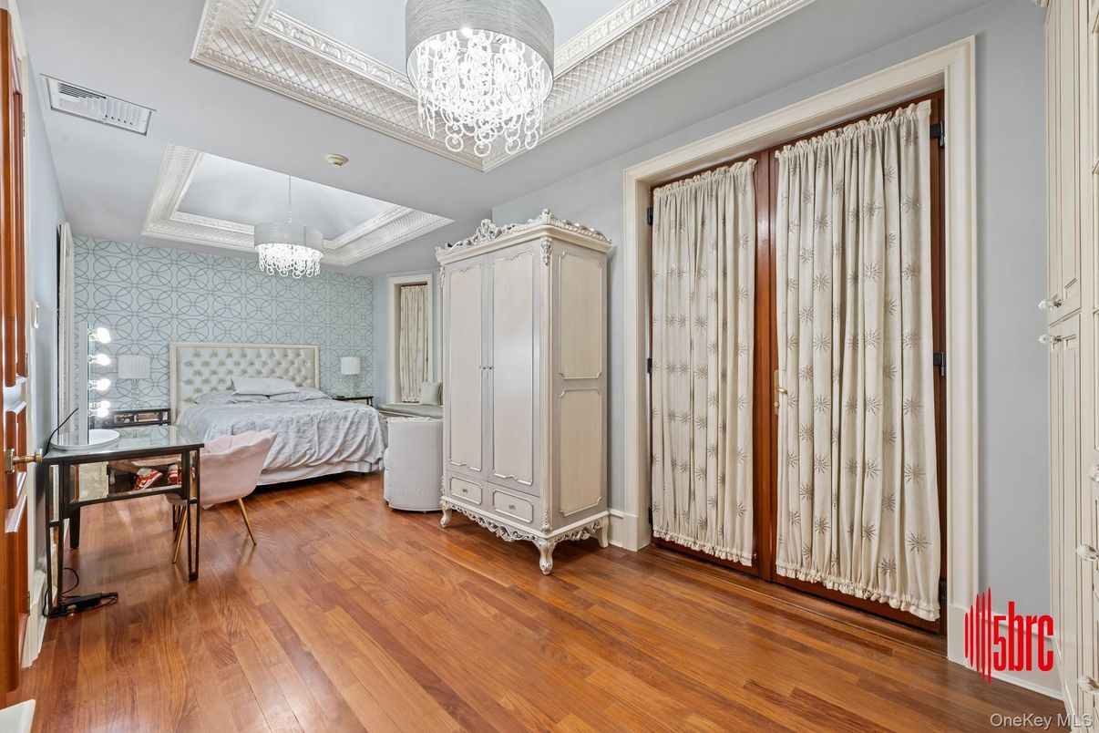 Bedroom, Chandelier, Interior, Wood Texture Flooring