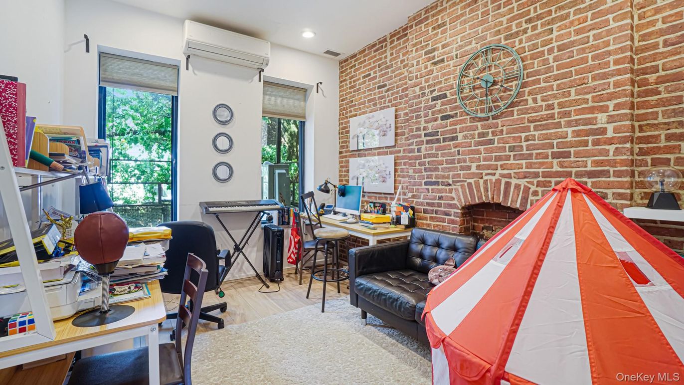 Fireplace, Home Office, Interior, Recessed Lighting, Stone Walls, Wood Texture Flooring