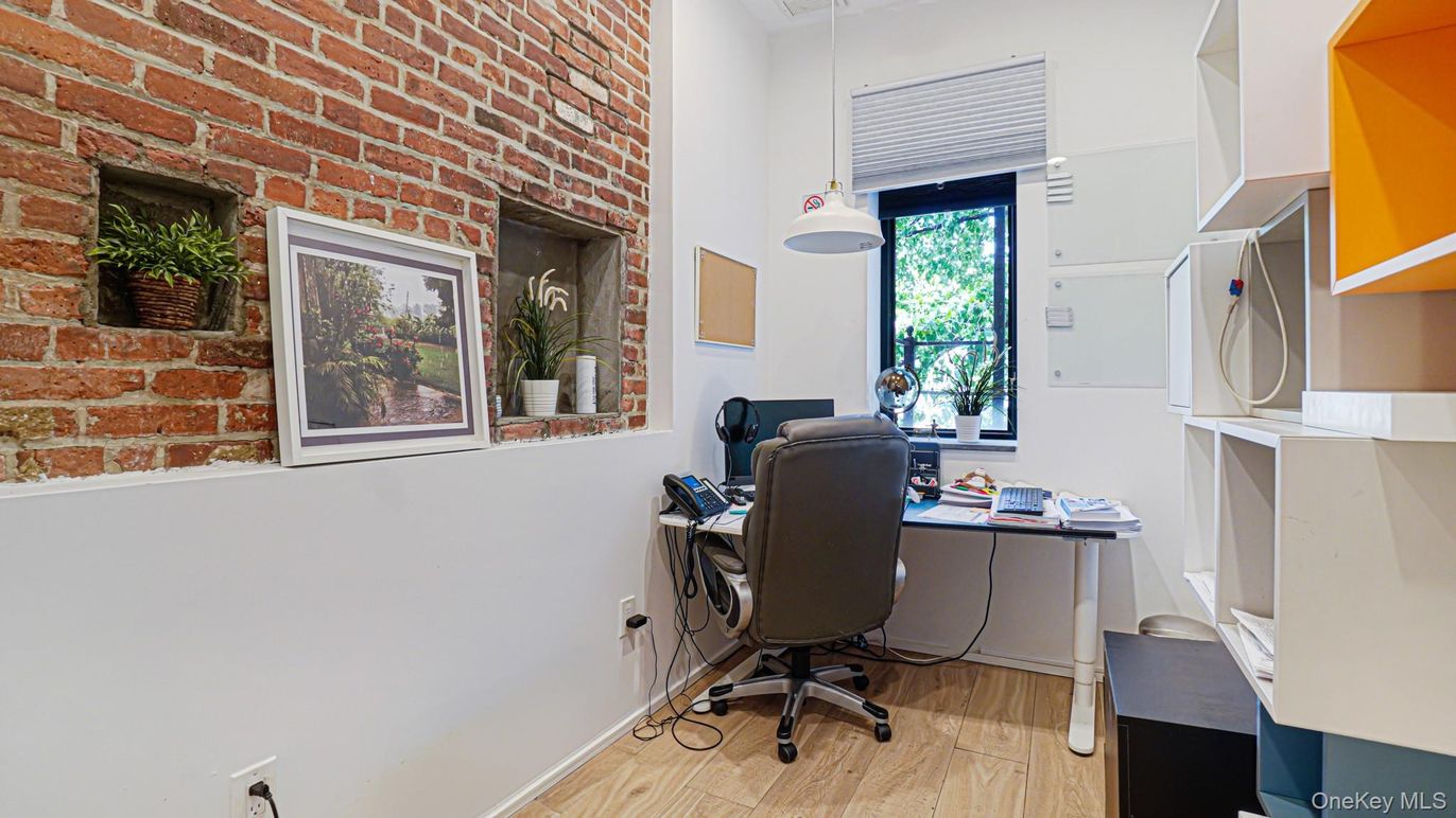 Home Office, Interior, Pendant Lights, Stone Walls, Wood Texture Flooring