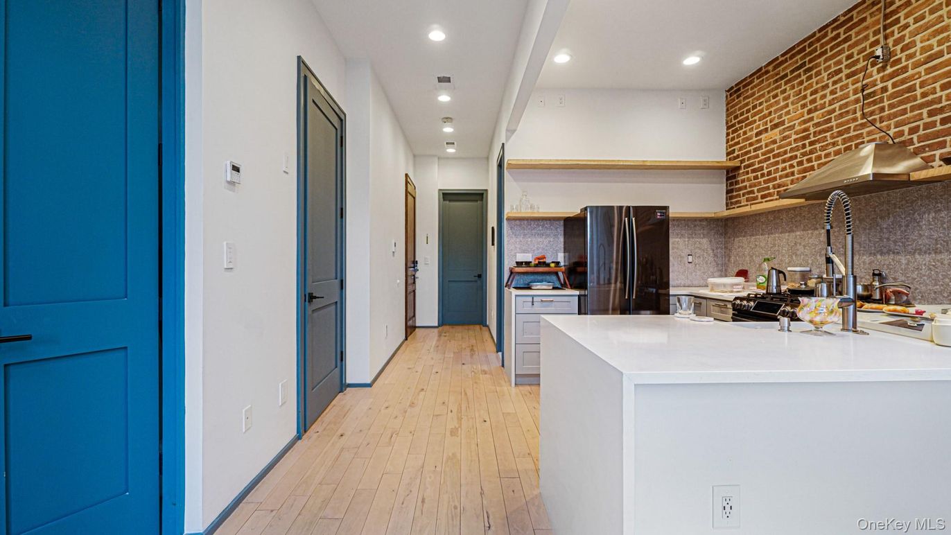 Interior, Kitchen, Recessed Lighting, Stone Walls, Wood Texture Flooring