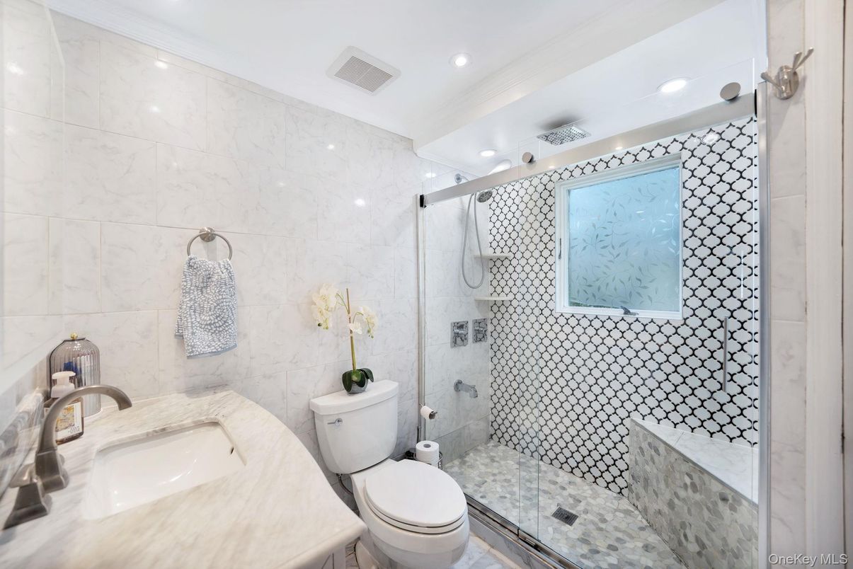 Bathroom, Glass Shower, Interior, Marble Walls, Recessed Lighting