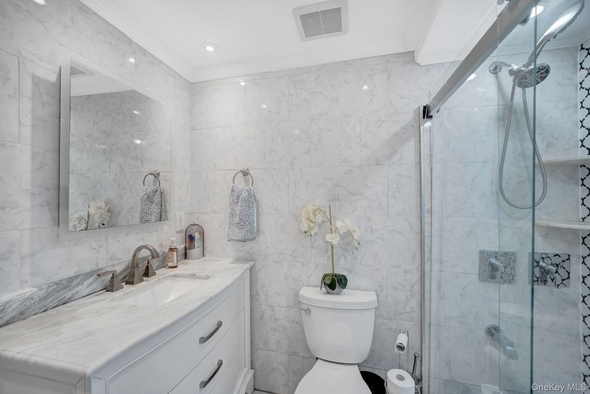 Bathroom, Glass Shower, Interior, Marble Walls, Recessed Lighting