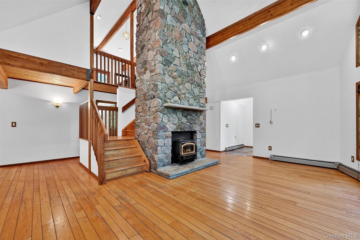 Fireplace, Interior, Recessed Lighting, Wooden Beams, Wood Texture Flooring