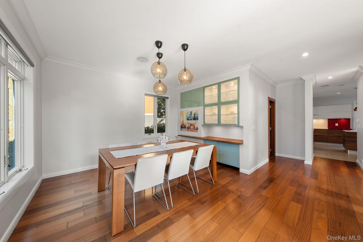 Dining room, Interior, Pendant Lights, Recessed Lighting, Wood Texture Flooring