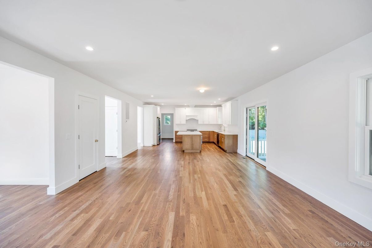 Empty room, Interior, Kitchen, Recessed Lighting, Wood Texture Flooring