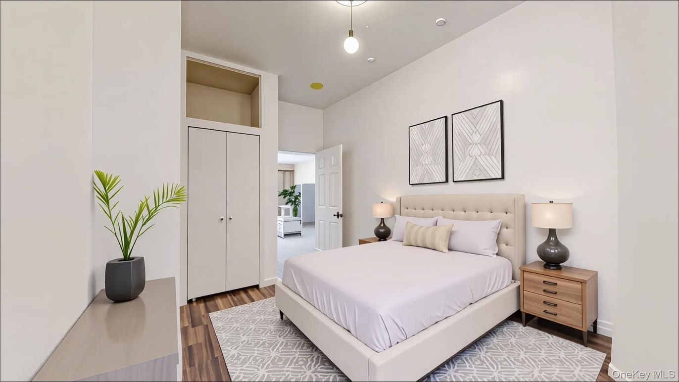 Bedroom, Interior, Pendant Lights, Recessed Lighting, Wood Texture Flooring