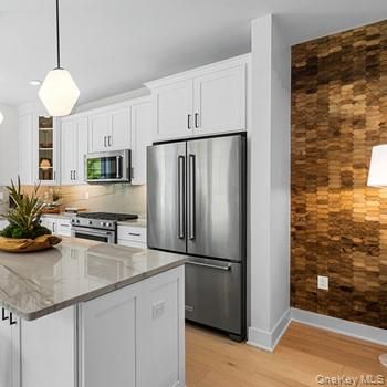 Interior, Kitchen, Pendant Lights, Stainless Steel Appliances, Wood Texture Flooring, Wooden Walls