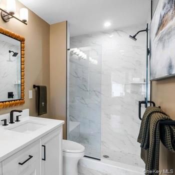 Bathroom, Glass Shower, Interior, Marble, Marble Walls, Recessed Lighting