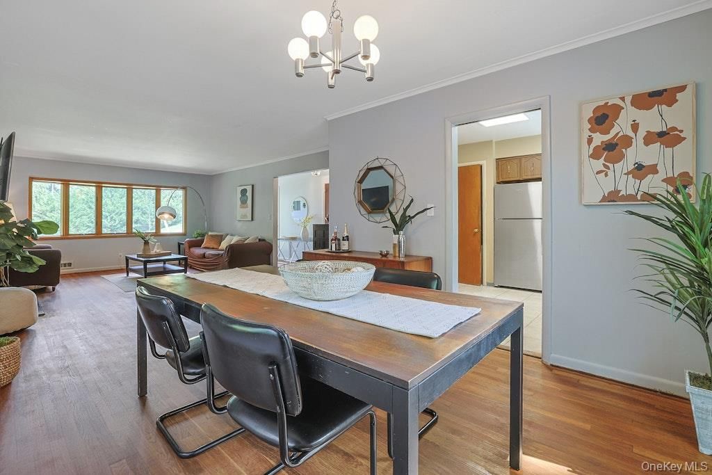 Dining room, Interior, Kitchen, Living room, Pendant Lights, Stainless Steel Appliances, Wood Texture Flooring