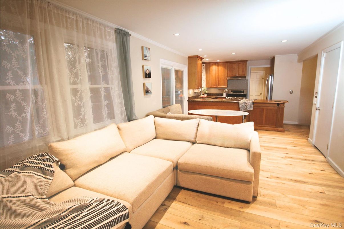 Interior, Kitchen, Living room, Recessed Lighting, Stainless Steel Appliances, Wood Texture Flooring