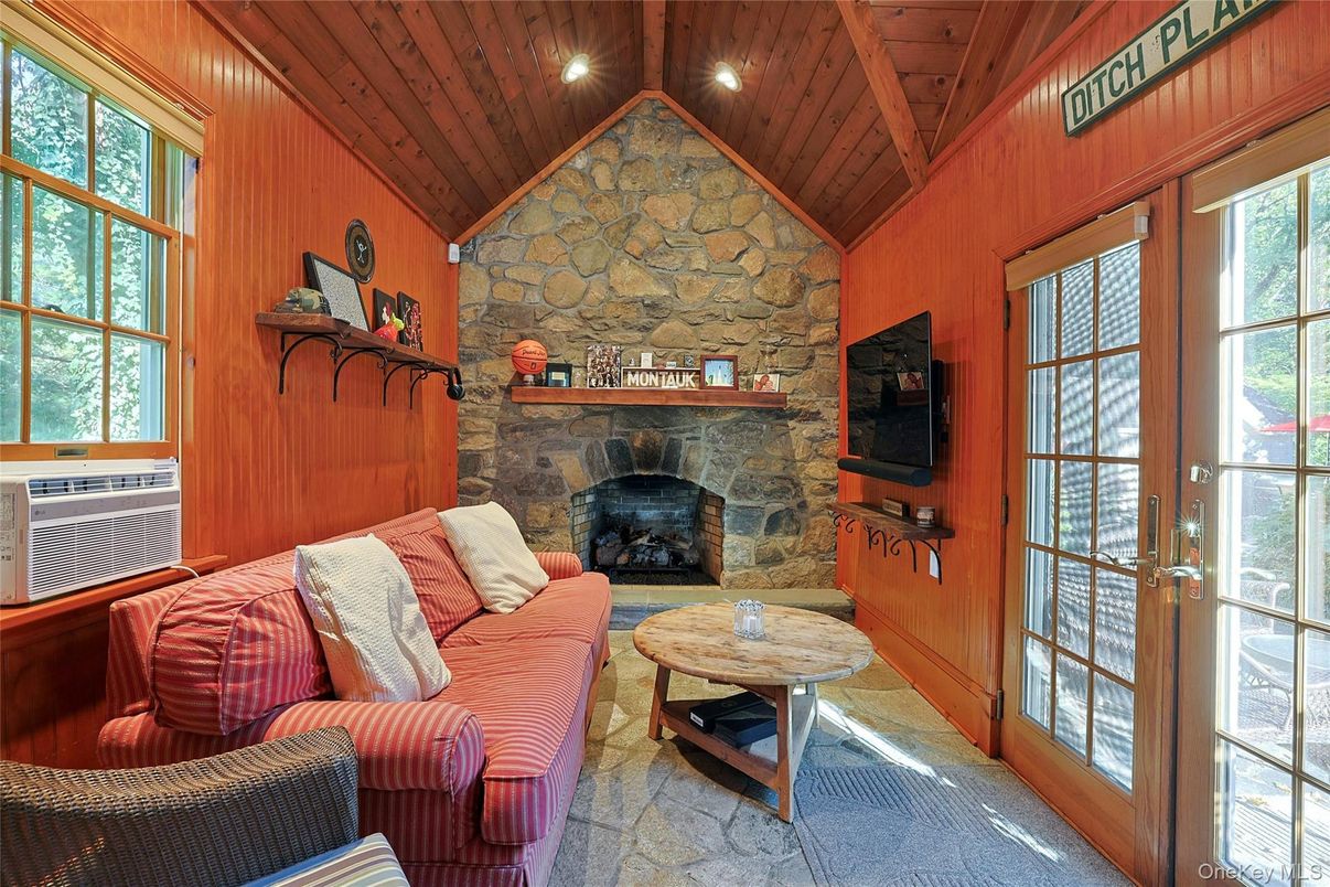 Fireplace, Interior, Living room, Recessed Lighting, Stone Walls, Wooden Ceilings