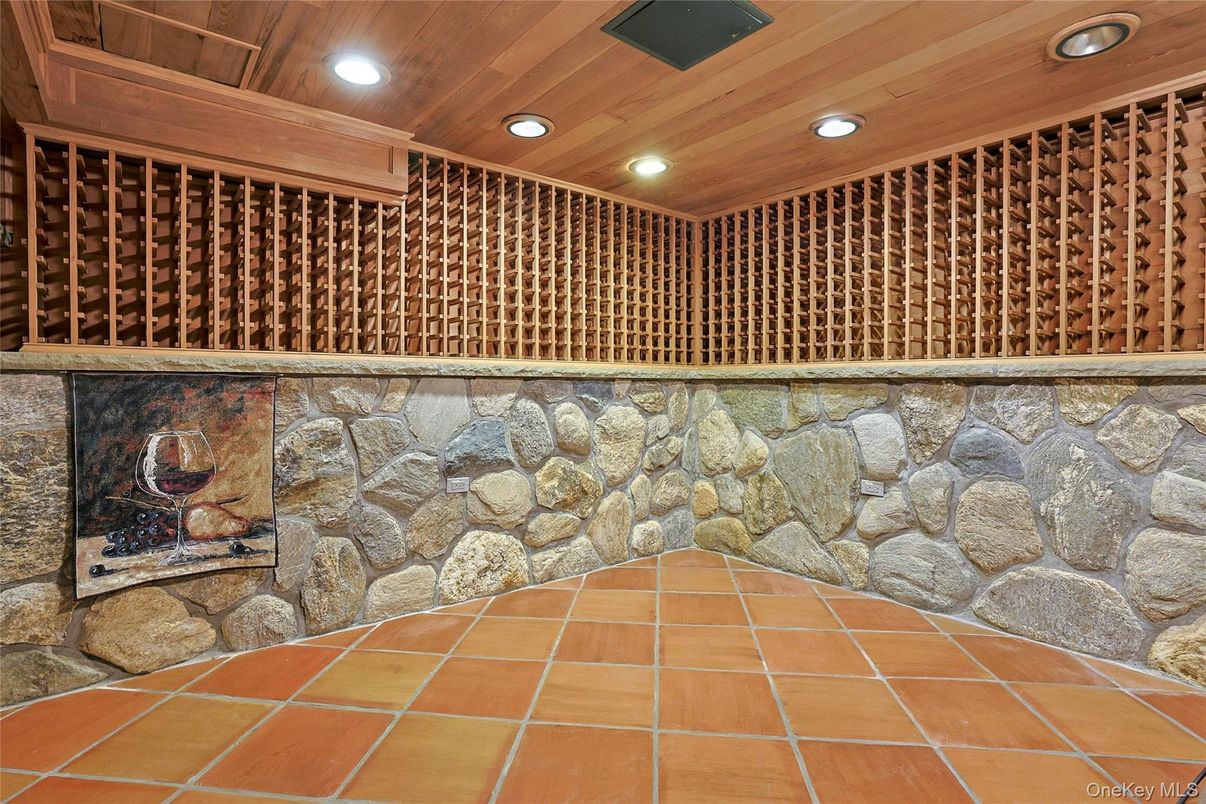 Interior, Recessed Lighting, Stone Walls, Wine Storage, Wooden Ceilings