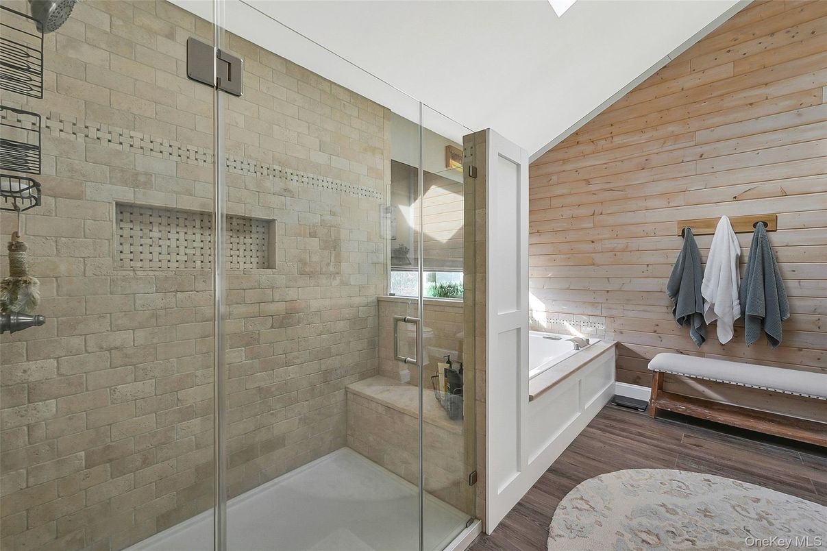 Bathroom, Glass Shower, Interior, Stone Walls, Wood Texture Flooring, Wooden Walls