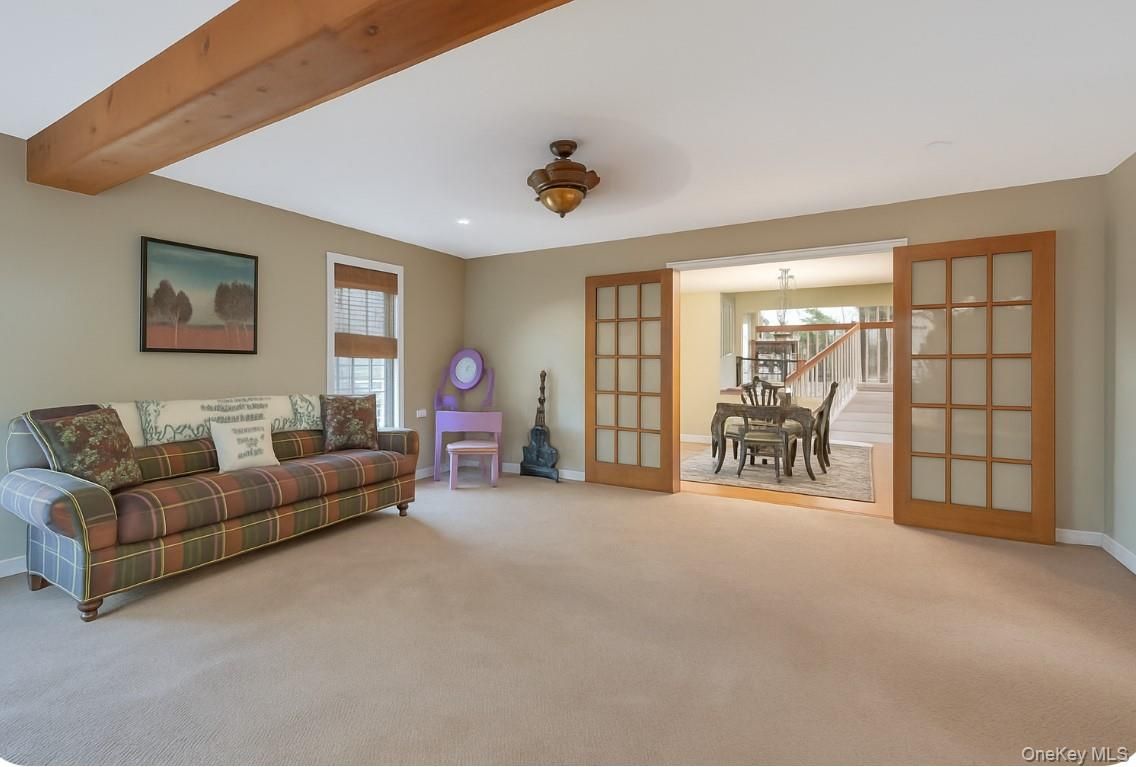 Chandelier, Dining room, Interior, Living room, Recessed Lighting, Wooden Beams