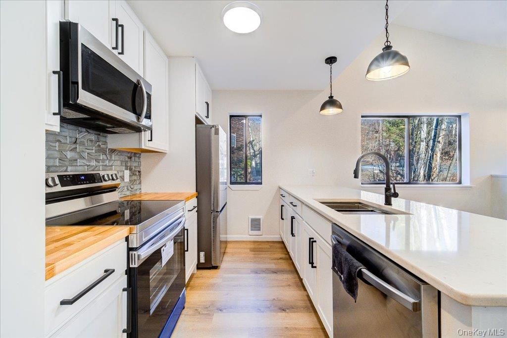 Interior, Kitchen, Pendant Lights, Stainless Steel Appliances, Wood Texture Flooring