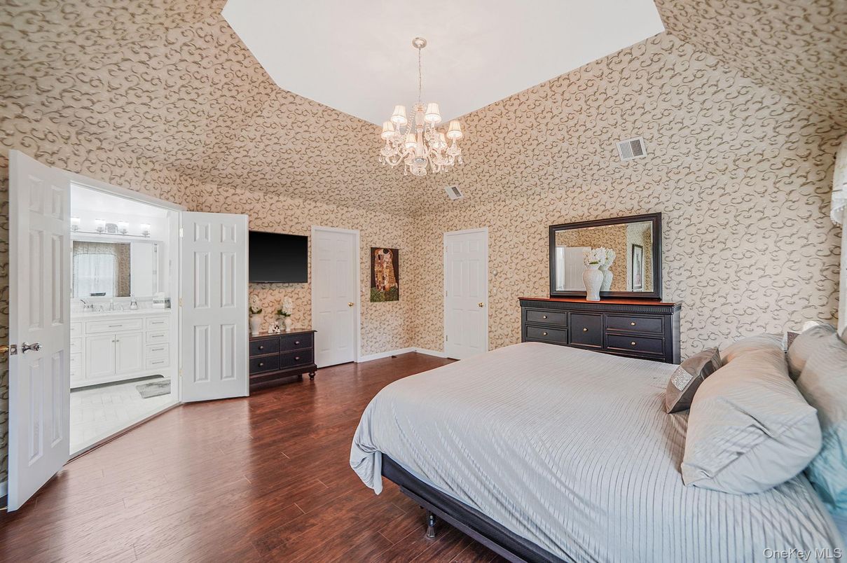 Bedroom, Chandelier, Interior, Wood Texture Flooring