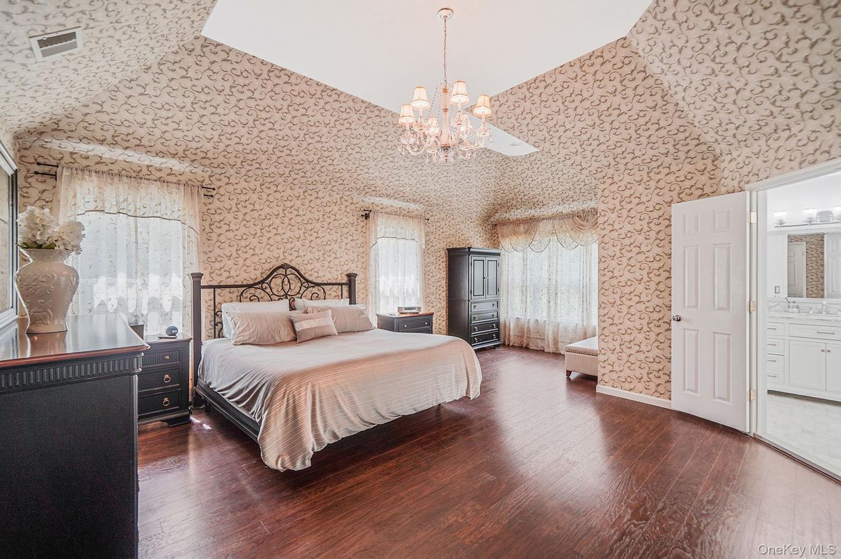 Bedroom, Chandelier, Interior, Wood Texture Flooring