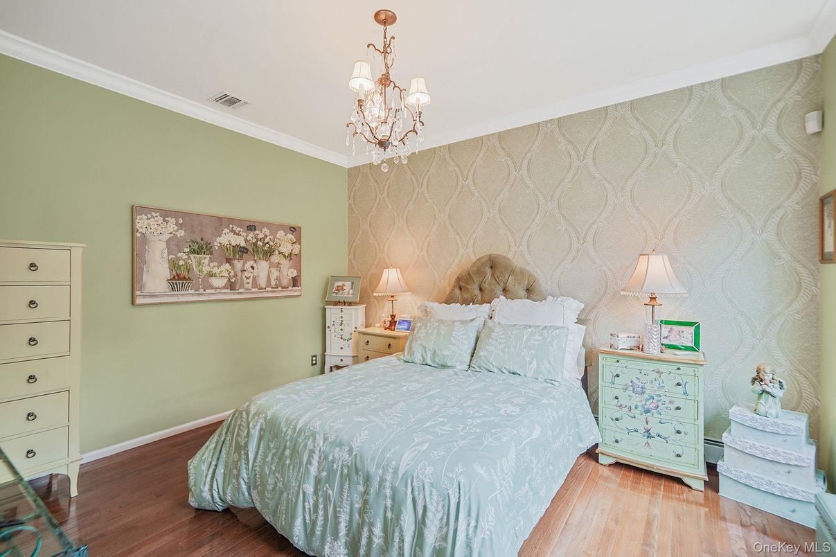 Bedroom, Chandelier, Interior, Wood Texture Flooring
