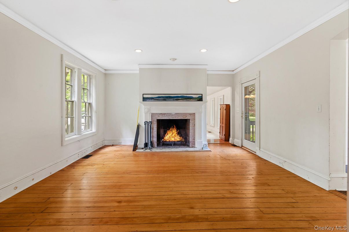 Empty room, Fireplace, Interior, Recessed Lighting, Wood Texture Flooring