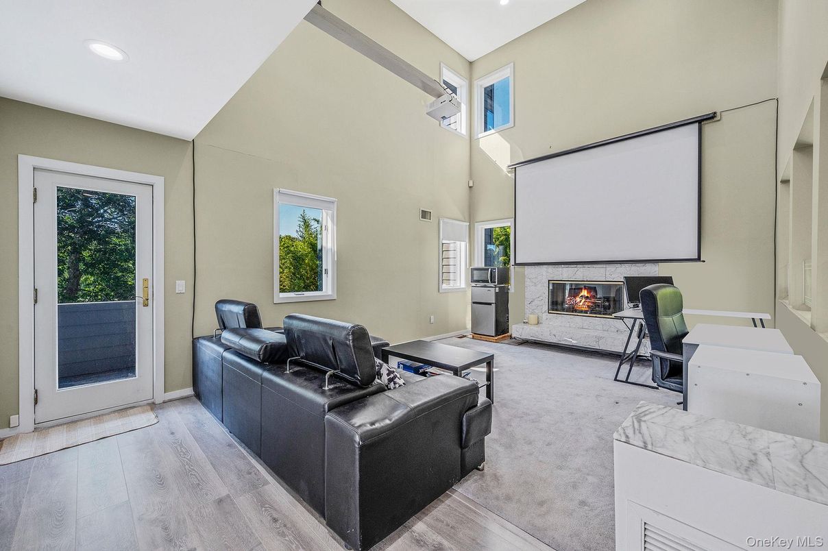 Fireplace, Interior, Living room, Recessed Lighting, Wood Texture Flooring