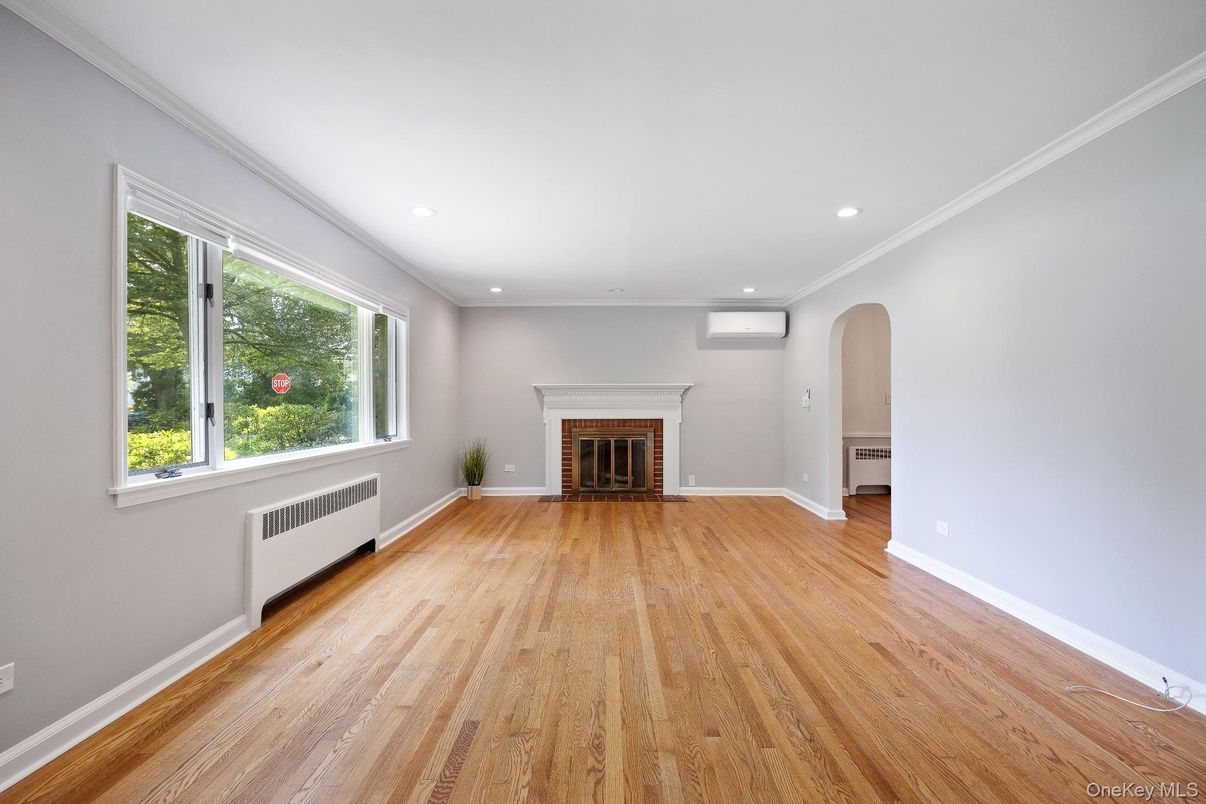 Empty room, Fireplace, Interior, Recessed Lighting, Wood Texture Flooring