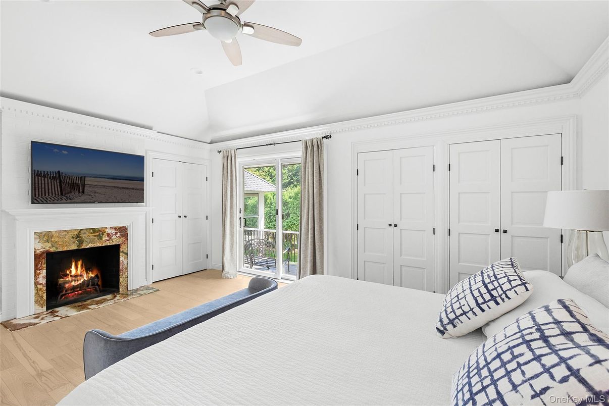 Bedroom, Fireplace, Interior, Wood Texture Flooring